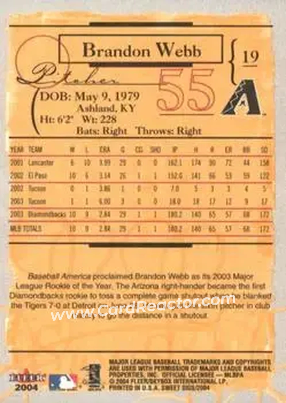 2004 Fleer Sweet Sigs #19 - Brandon Webb - Arizona Diamondbacks - Back
