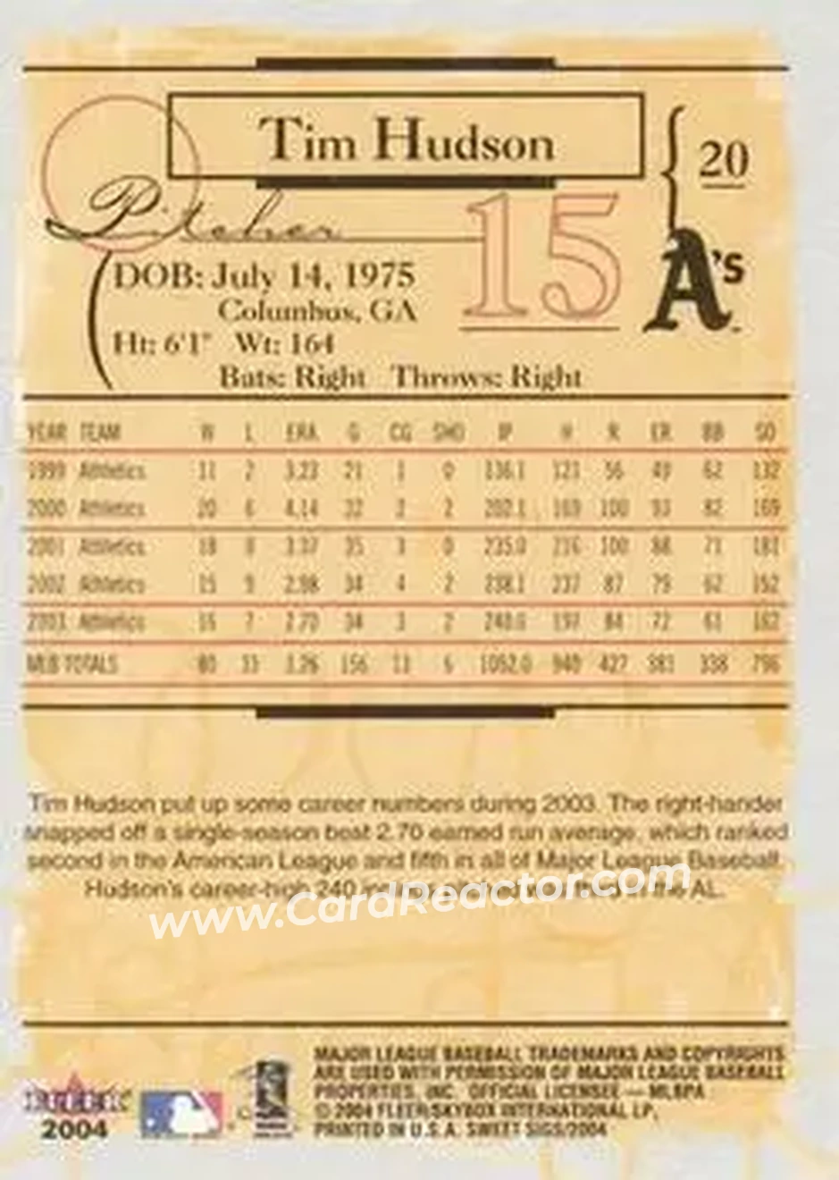 2004 Fleer Sweet Sigs #20 - Tim Hudson - Oakland Athletics - Back
