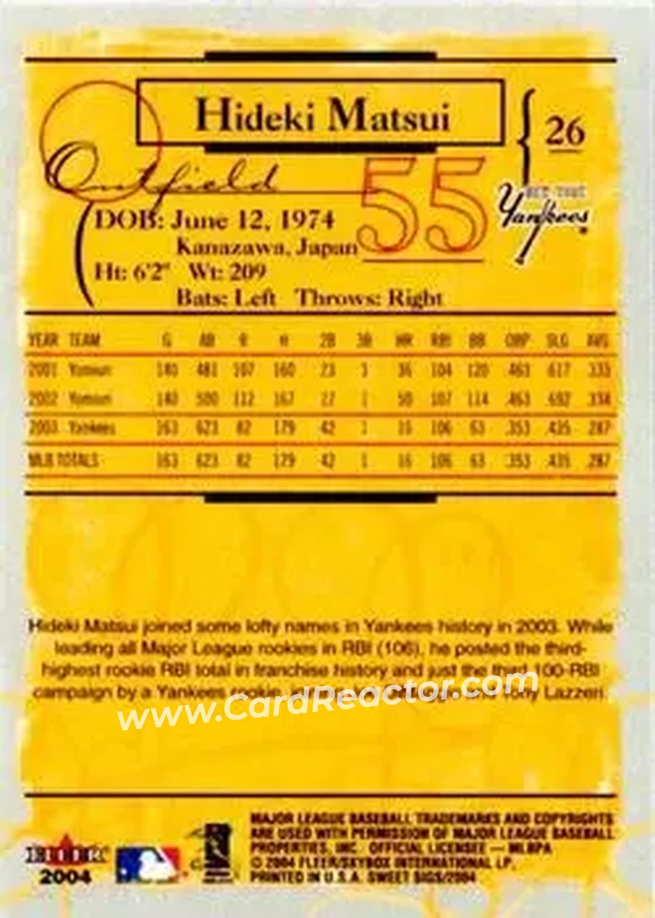2004 Fleer Sweet Sigs #26 - Hideki Matsui - New York Yankees - Back