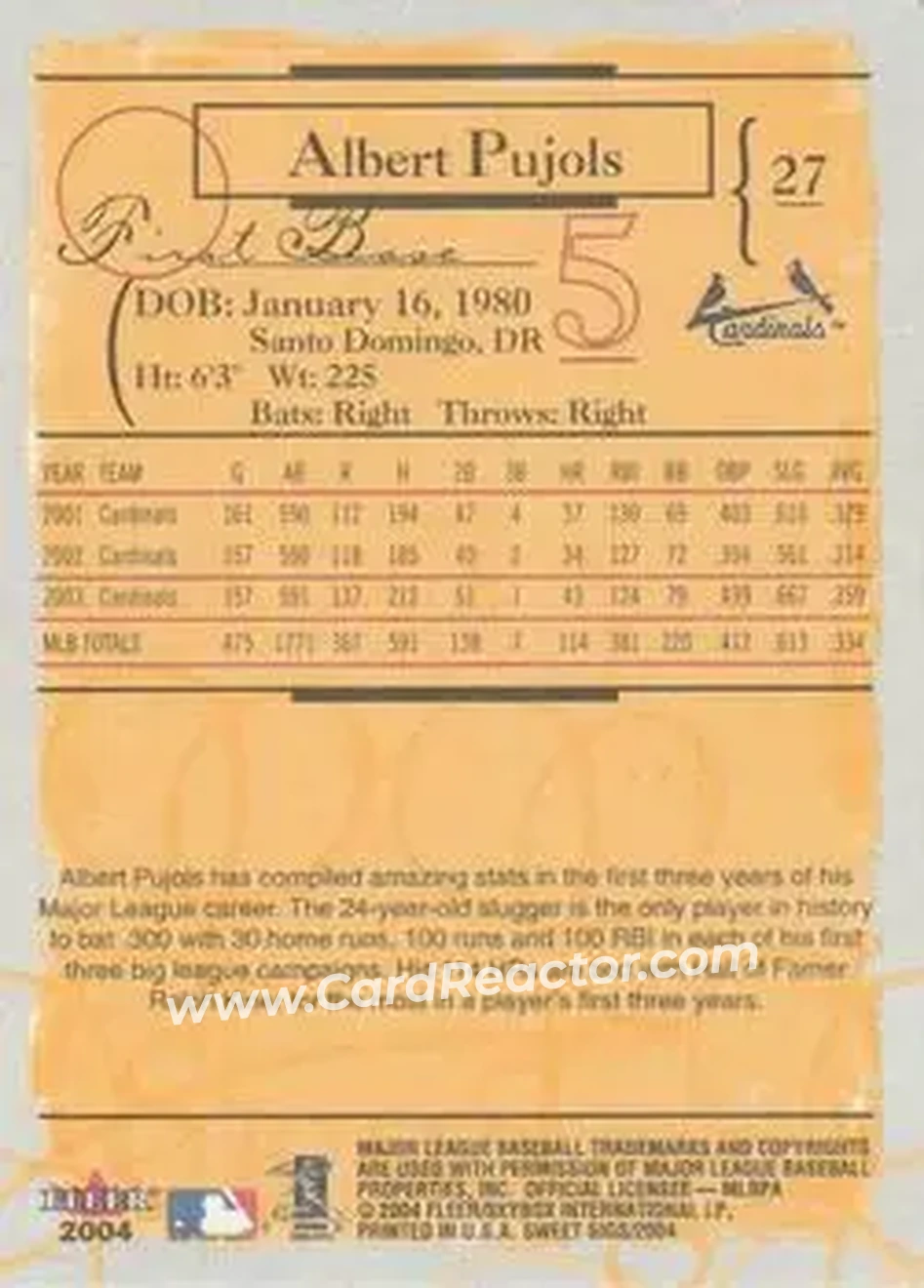 2004 Fleer Sweet Sigs #27 - Albert Pujols - St. Louis Cardinals - Back