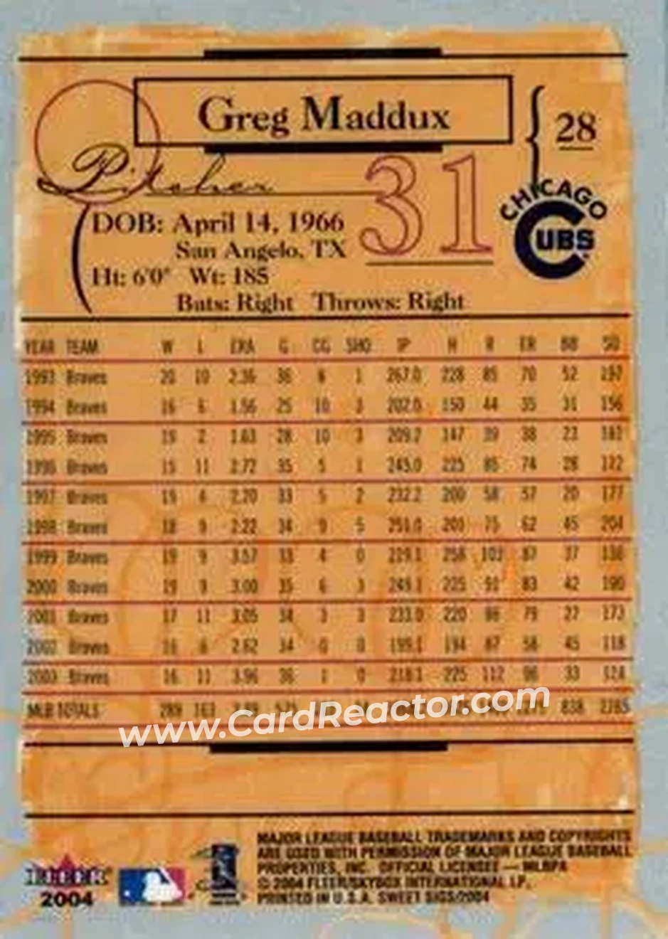 2004 Fleer Sweet Sigs #28 - Greg Maddux - Chicago Cubs - Back