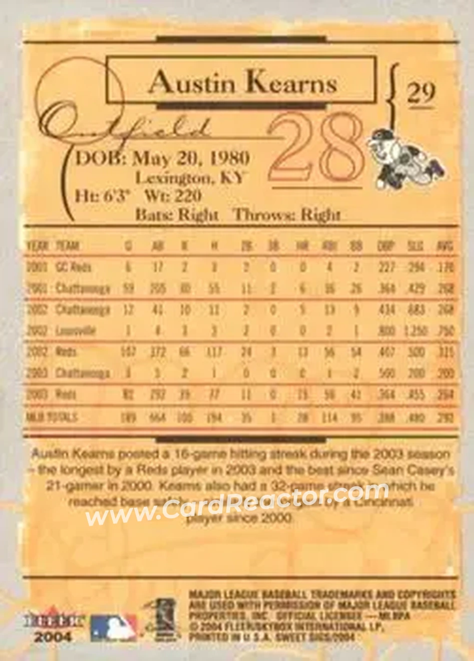 2004 Fleer Sweet Sigs #29 - Austin Kearns - Cincinnati Reds - Back