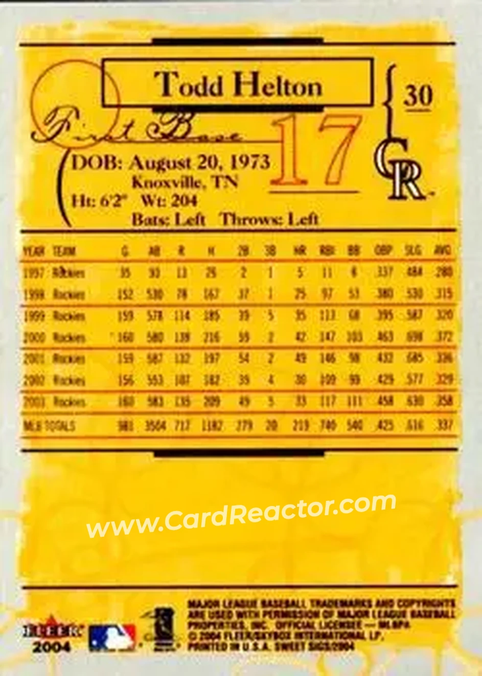 2004 Fleer Sweet Sigs #30 - Todd Helton - Colorado Rockies - Back
