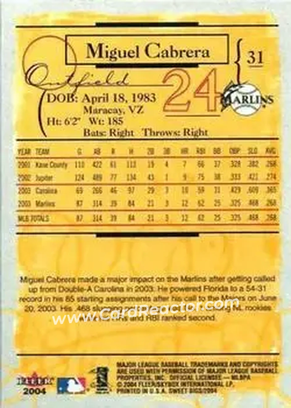 2004 Fleer Sweet Sigs #31 - Miguel Cabrera - Florida Marlins - Back 2004 Fleer Sweet Sigs #31 - Miguel Cabrera - Florida Marlins - Back
