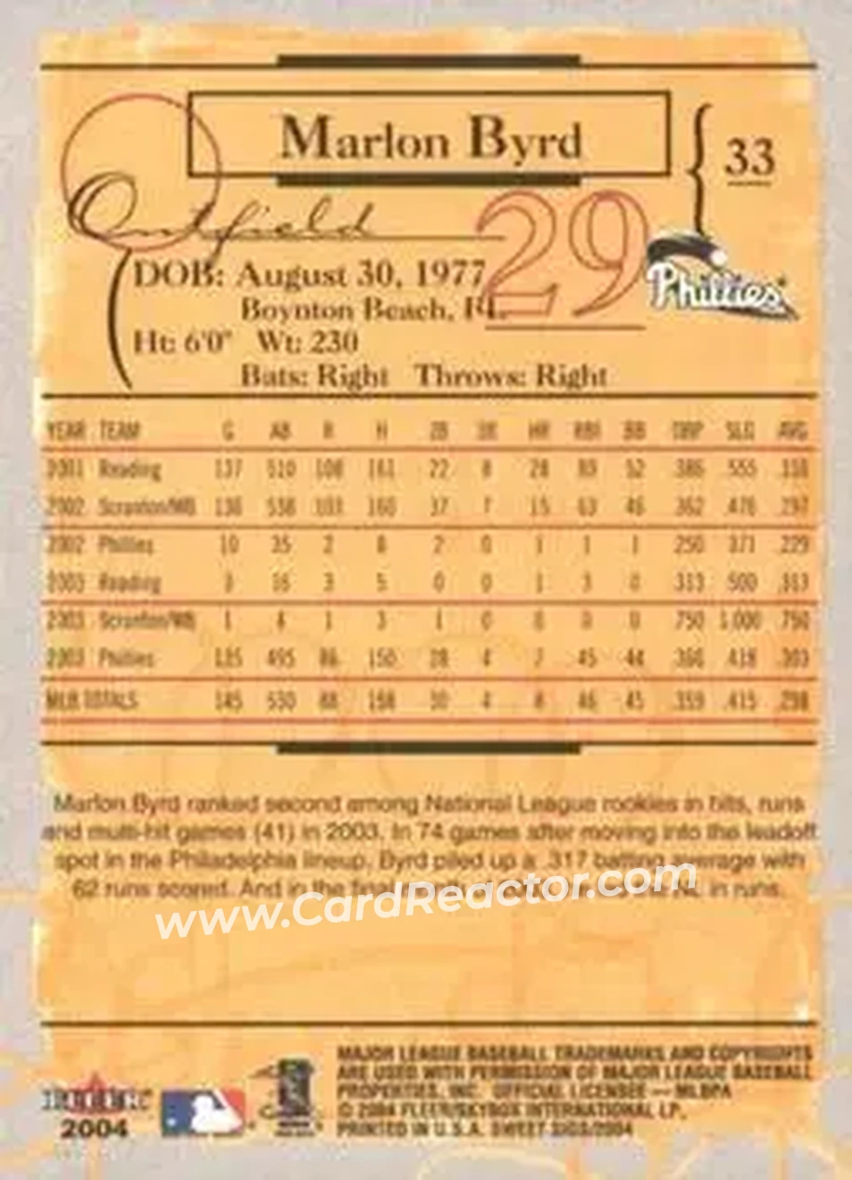 2004 Fleer Sweet Sigs #33 - Marlon Byrd - Philadelphia Phillies - Back