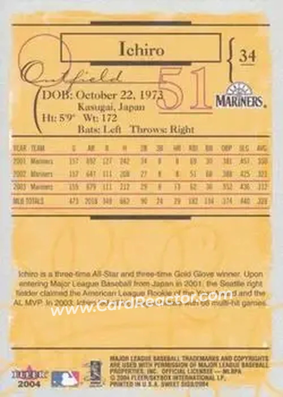 2004 Fleer Sweet Sigs #34 - Ichiro - Seattle Mariners - Back