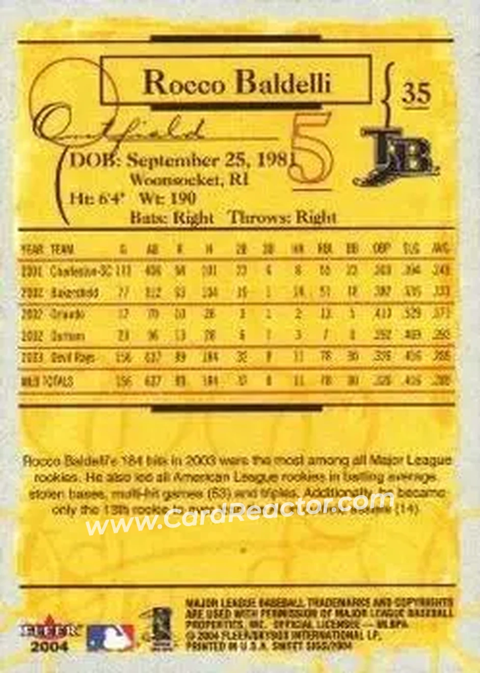 2004 Fleer Sweet Sigs #35 - Rocco Baldelli - Tampa Bay Devil Rays - Back