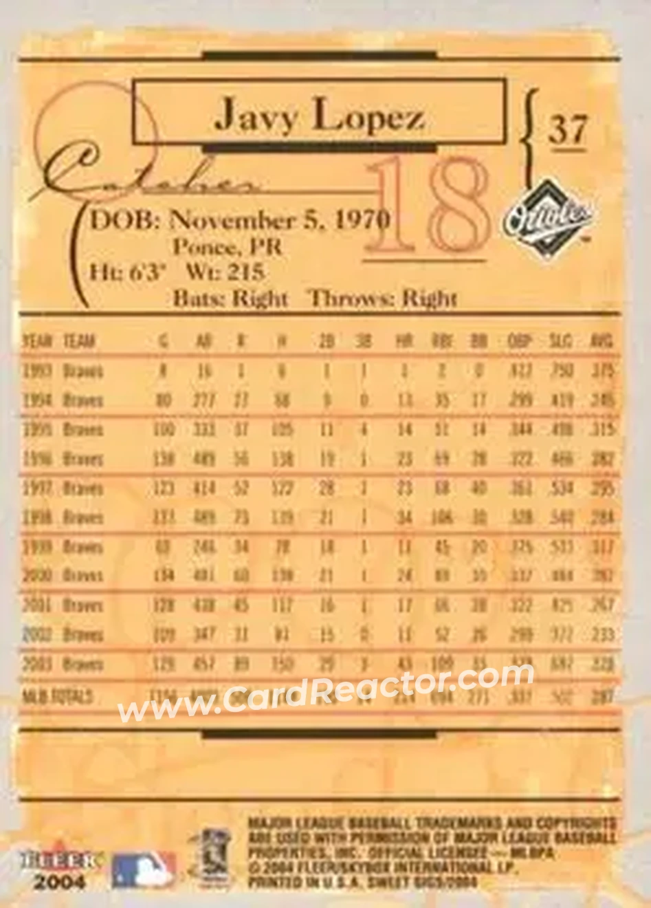 2004 Fleer Sweet Sigs #37 - Javier Lopez - Baltimore Orioles - Back
