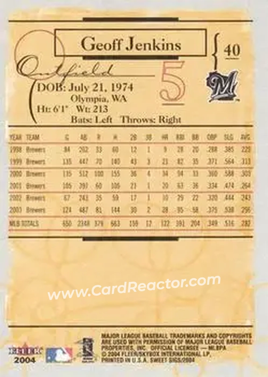 2004 Fleer Sweet Sigs #40 - Geoff Jenkins - Milwaukee Brewers - Back 2004 Fleer Sweet Sigs #40 - Geoff Jenkins - Milwaukee Brewers - Back