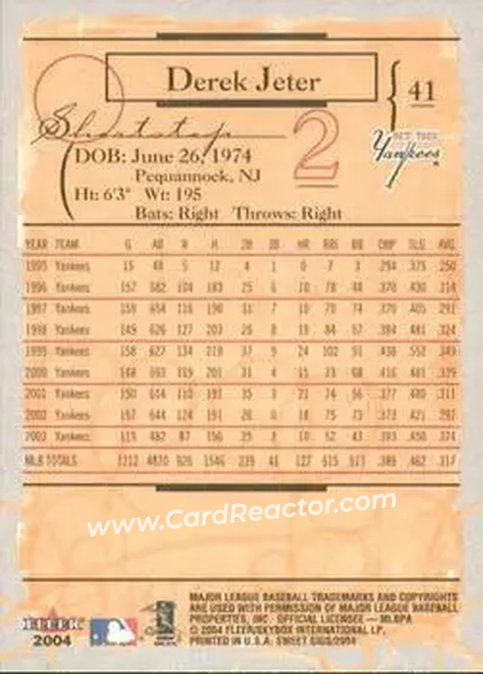 2004 Fleer Sweet Sigs #41 - Derek Jeter - New York Yankees - Back 2004 Fleer Sweet Sigs #41 - Derek Jeter - New York Yankees - Back