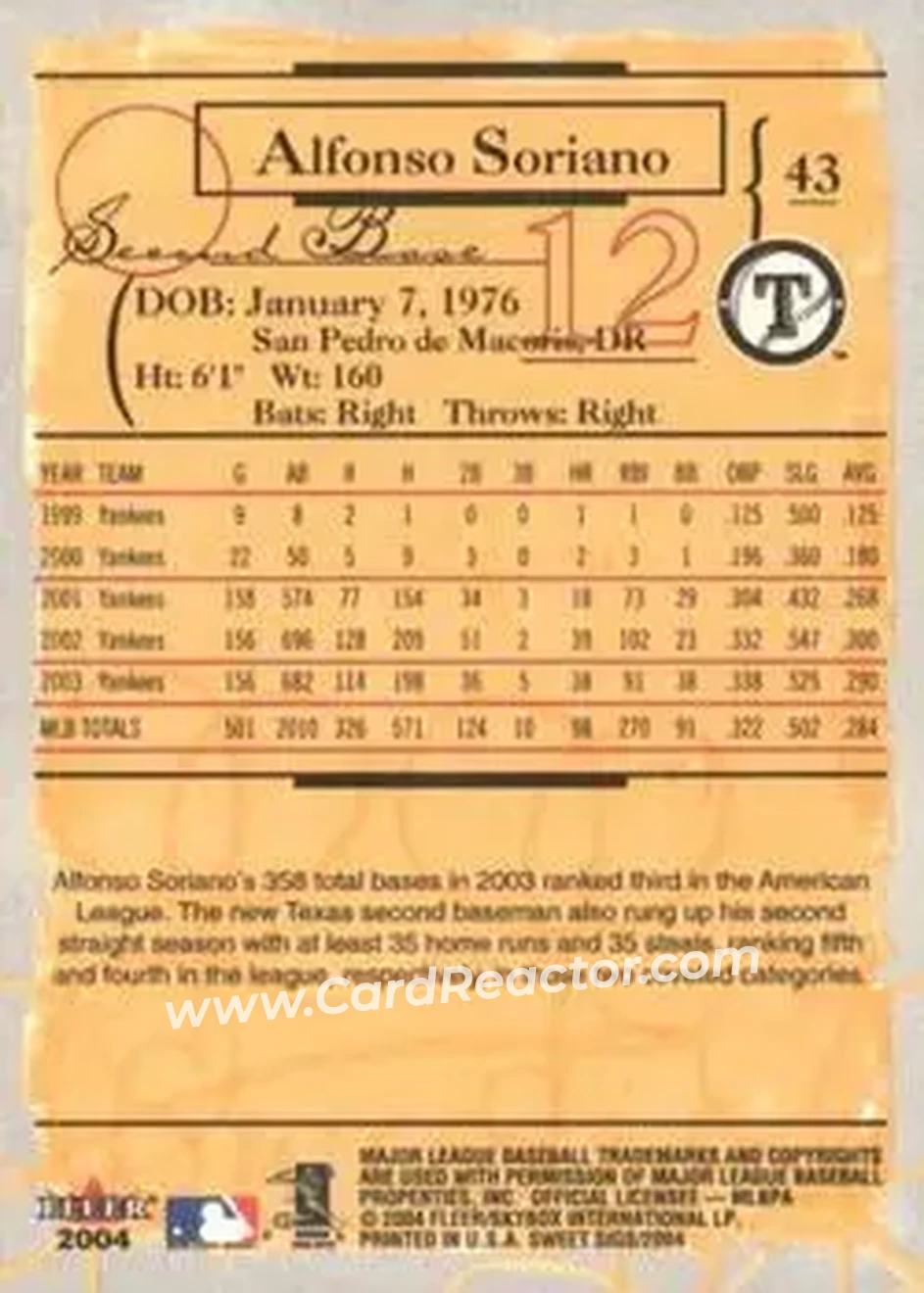 2004 Fleer Sweet Sigs #43 - Alfonso Soriano - Texas Rangers - Back