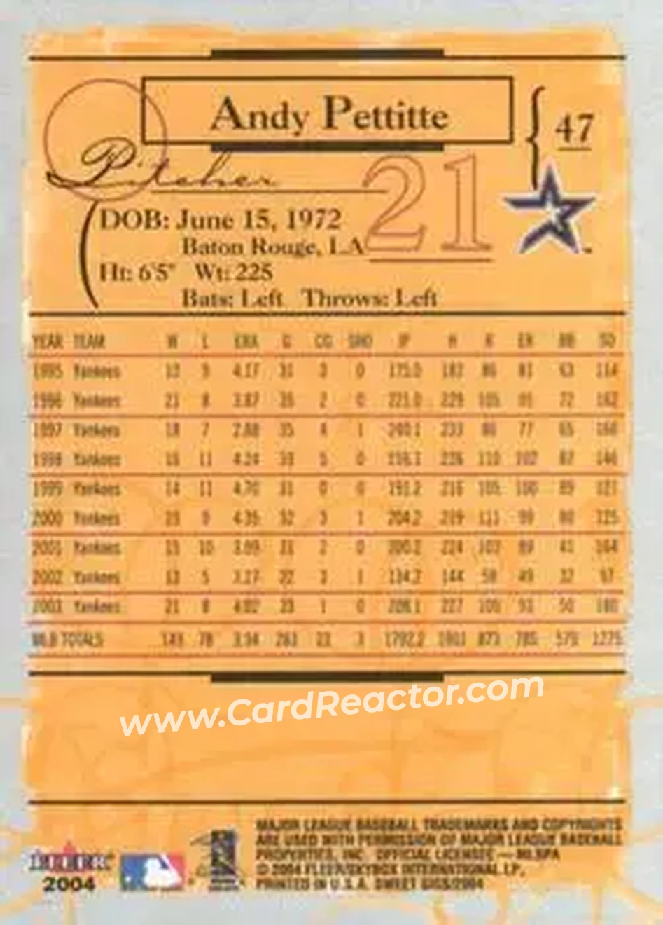 2004 Fleer Sweet Sigs #47 - Andy Pettitte - Houston Astros - Back