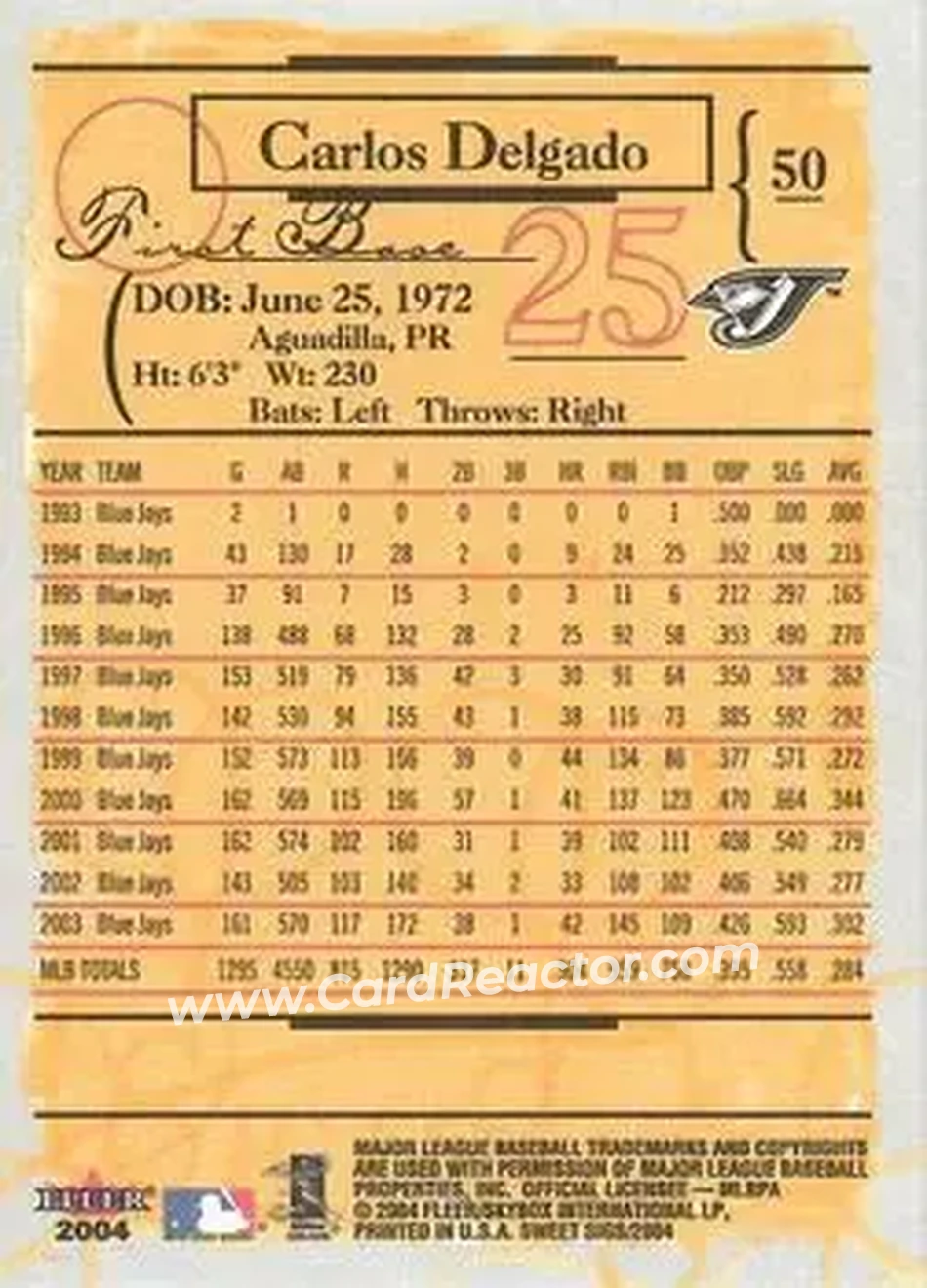 2004 Fleer Sweet Sigs #50 - Carlos Delgado - Toronto Blue Jays - Back