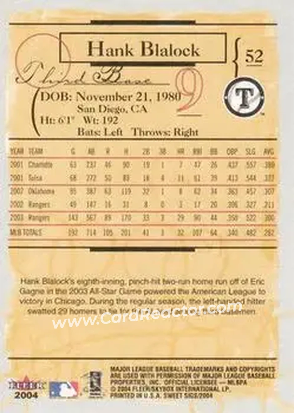 2004 Fleer Sweet Sigs #52 - Hank Blalock - Texas Rangers - Back 2004 Fleer Sweet Sigs #52 - Hank Blalock - Texas Rangers - Back