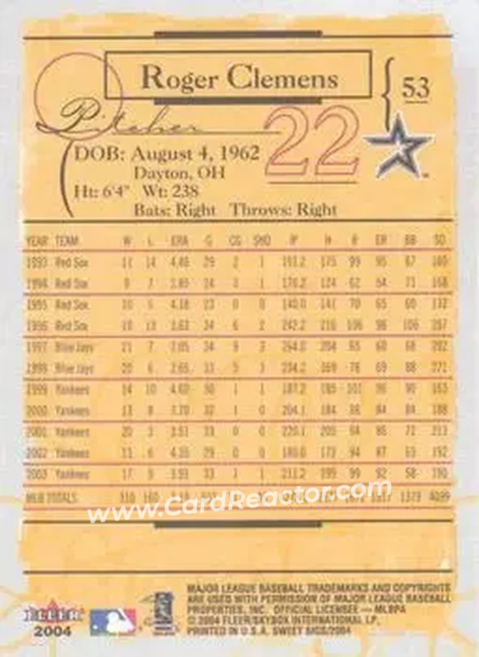 2004 Fleer Sweet Sigs #53 - Roger Clemens - Houston Astros - Back