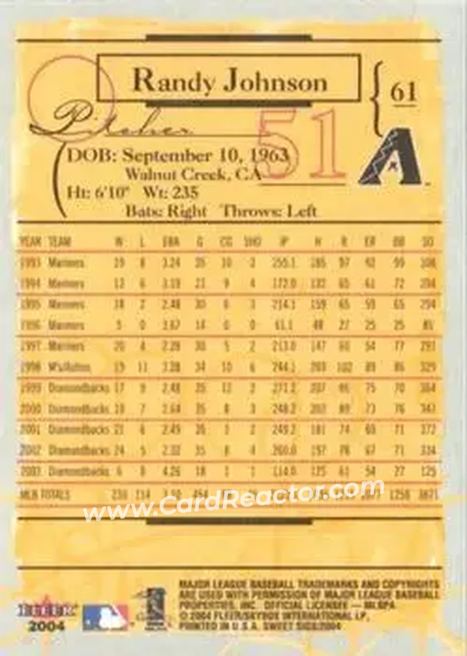 2004 Fleer Sweet Sigs #61 - Randy Johnson - Arizona Diamondbacks - Back