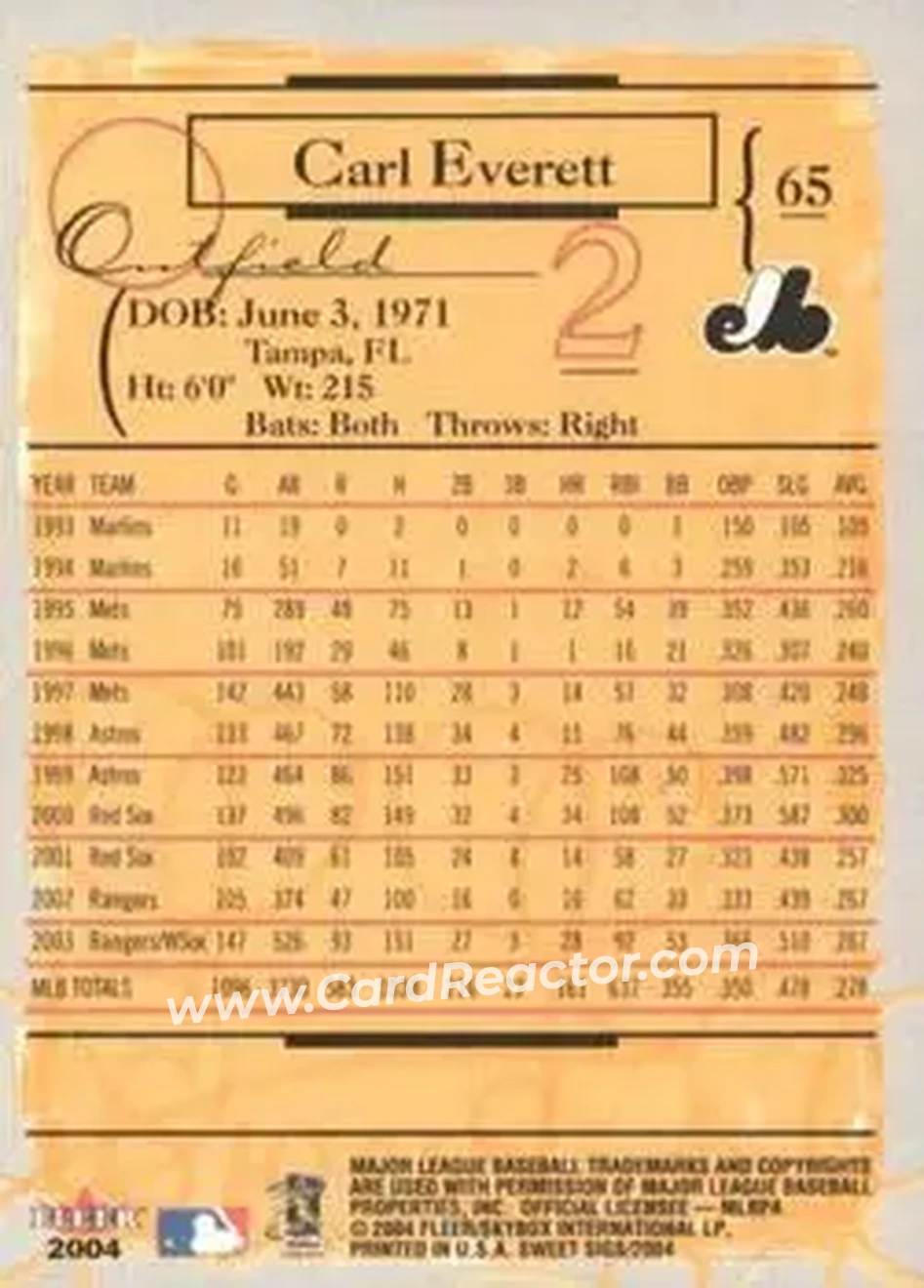 2004 Fleer Sweet Sigs #65 - Carl Everett - Montreal Expos - Back