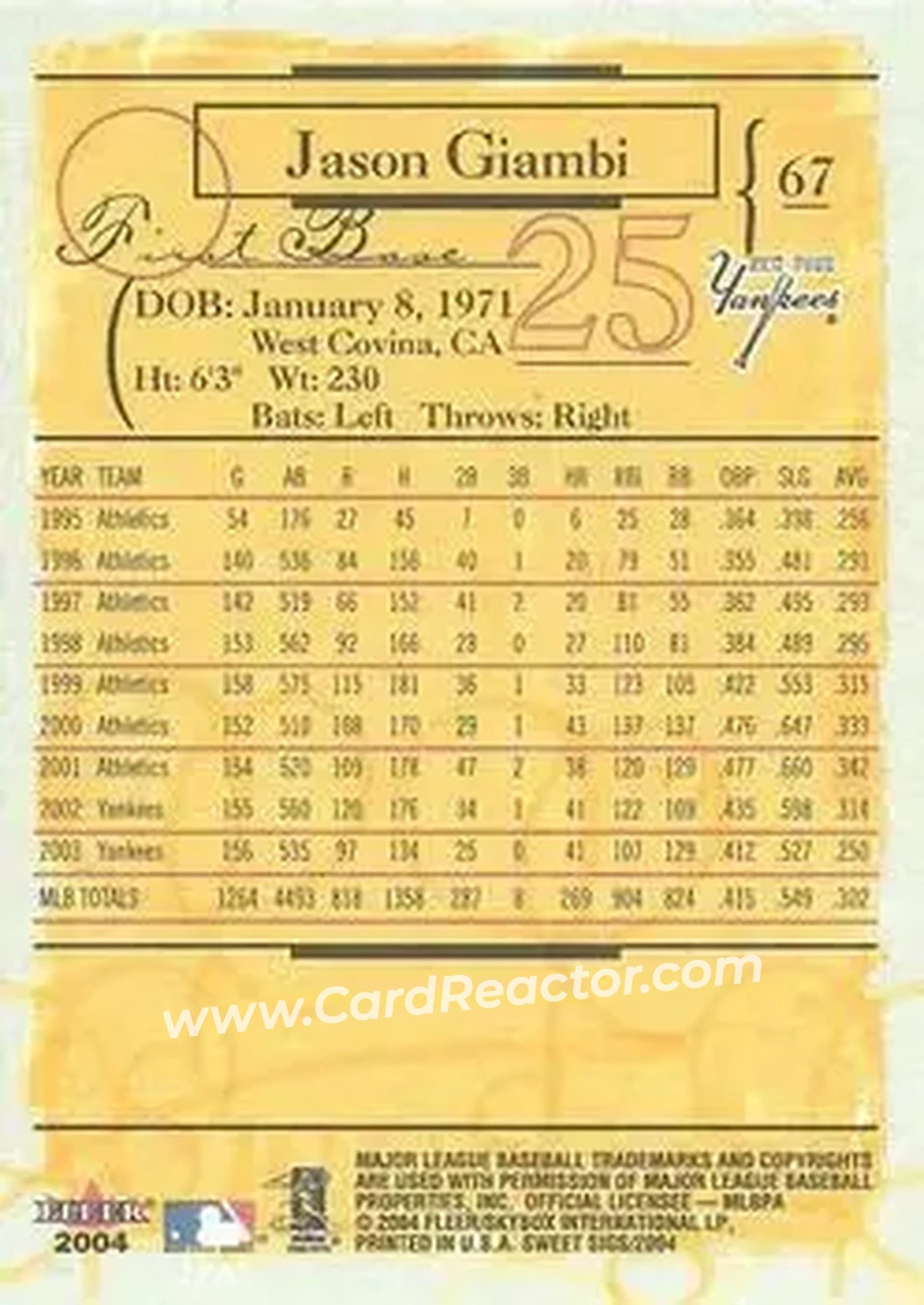 2004 Fleer Sweet Sigs #67 - Jason Giambi - New York Yankees - Back 2004 Fleer Sweet Sigs #67 - Jason Giambi - New York Yankees - Back