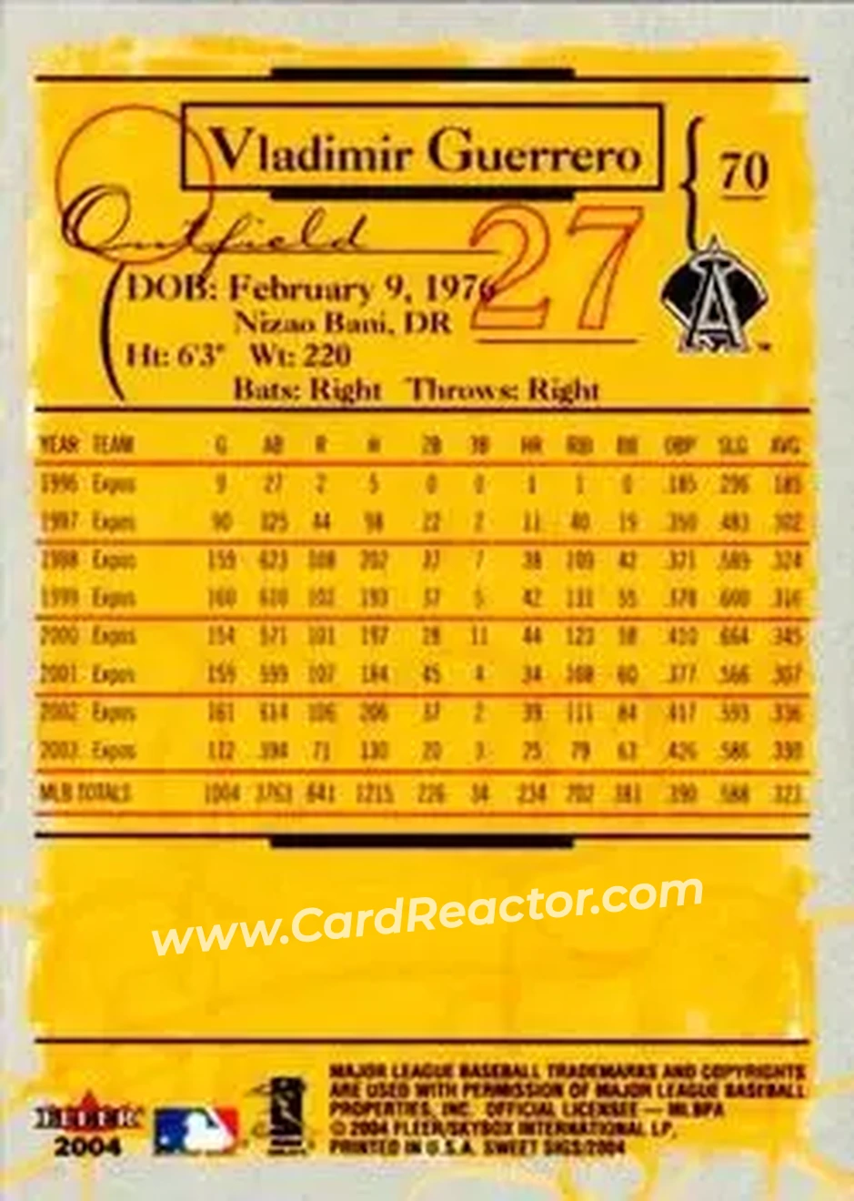 2004 Fleer Sweet Sigs #70 - Vladimir Guerrero - Anaheim Angels - Back