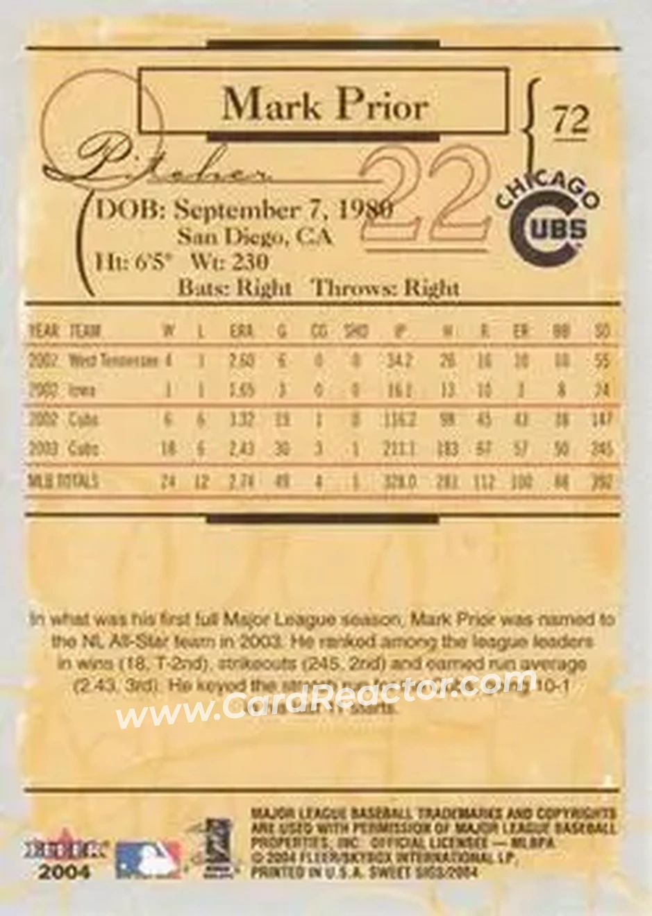 2004 Fleer Sweet Sigs #72 - Mark Prior - Chicago Cubs - Back 2004 Fleer Sweet Sigs #72 - Mark Prior - Chicago Cubs - Back