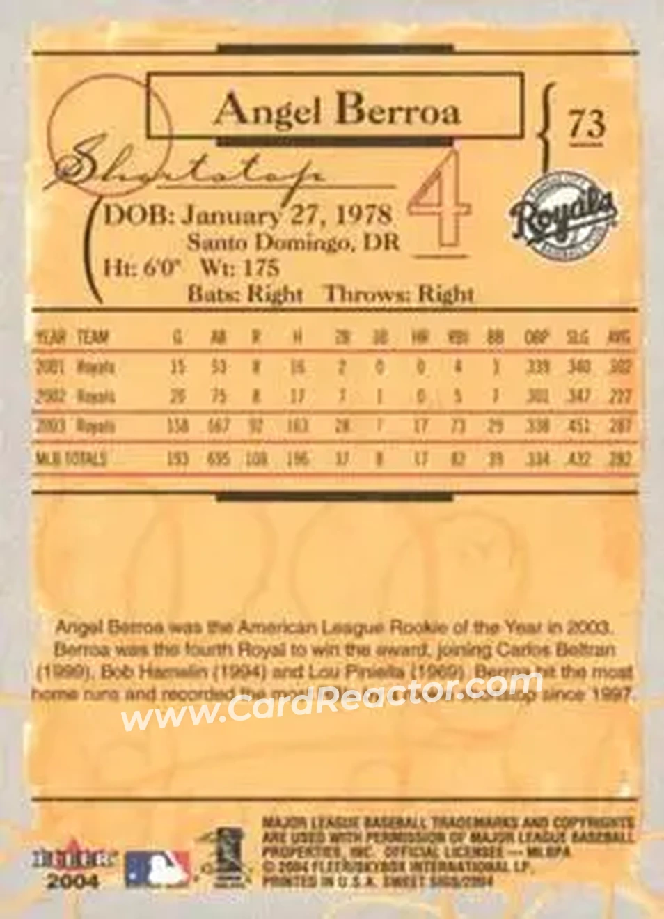 2004 Fleer Sweet Sigs #73 - Angel Berroa - Kansas City Royals - Back