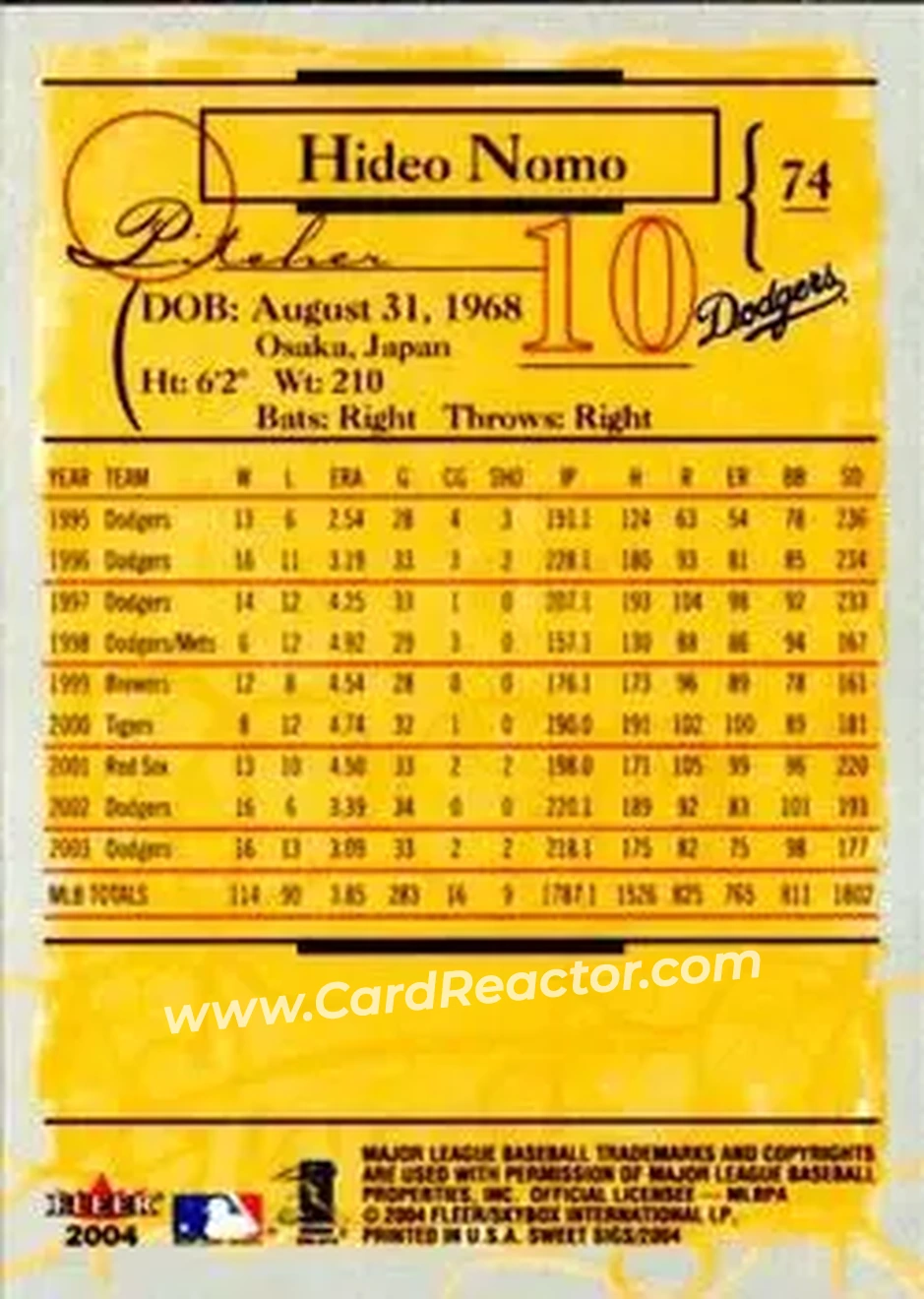 2004 Fleer Sweet Sigs #74 - Hideo Nomo - Los Angeles Dodgers - Back