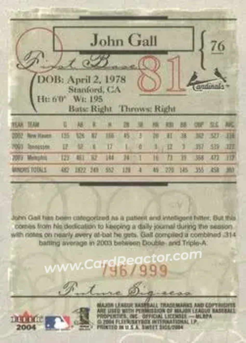 2004 Fleer Sweet Sigs #76 - John Gall - St. Louis Cardinals - Back