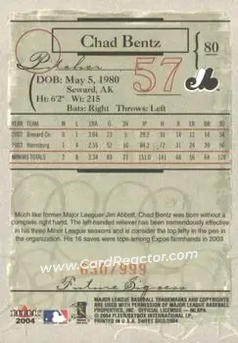2004 Fleer Sweet Sigs #80 - Chad Bentz - Montreal Expos - Back