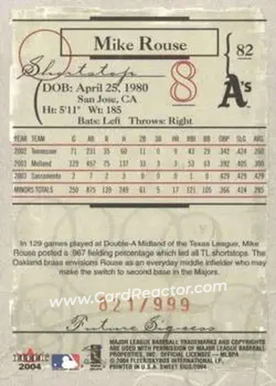 2004 Fleer Sweet Sigs #82 - Mike Rouse - Oakland Athletics - Back 2004 Fleer Sweet Sigs #82 - Mike Rouse - Oakland Athletics - Back