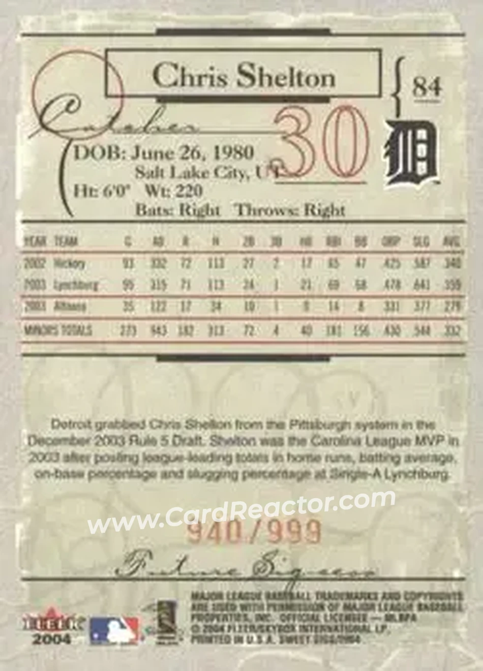 2004 Fleer Sweet Sigs #84 - Chris Shelton - Detroit Tigers - Back