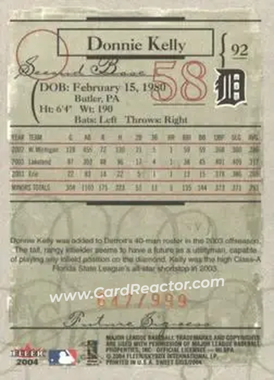 2004 Fleer Sweet Sigs #92 - Don Kelly - Detroit Tigers - Back