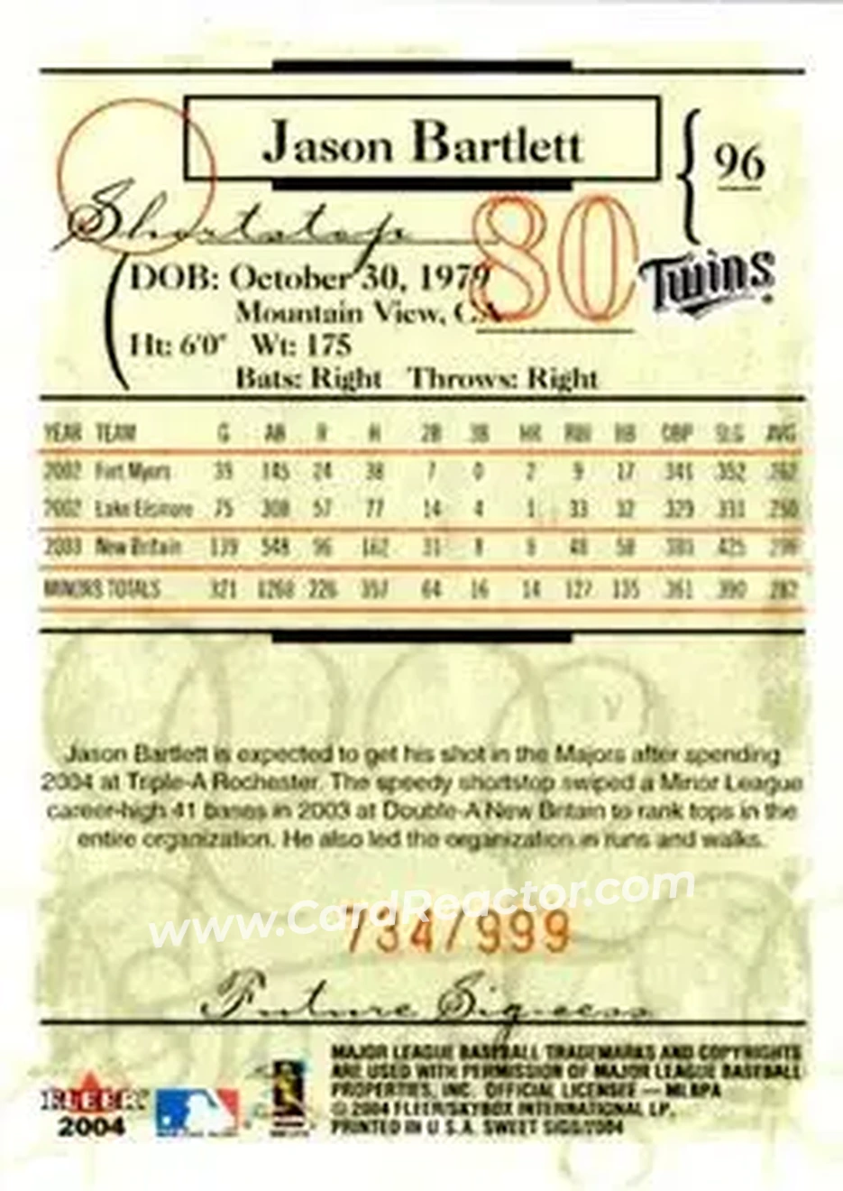 2004 Fleer Sweet Sigs #96 - Jason Bartlett - Minnesota Twins - Back 2004 Fleer Sweet Sigs #96 - Jason Bartlett - Minnesota Twins - Back