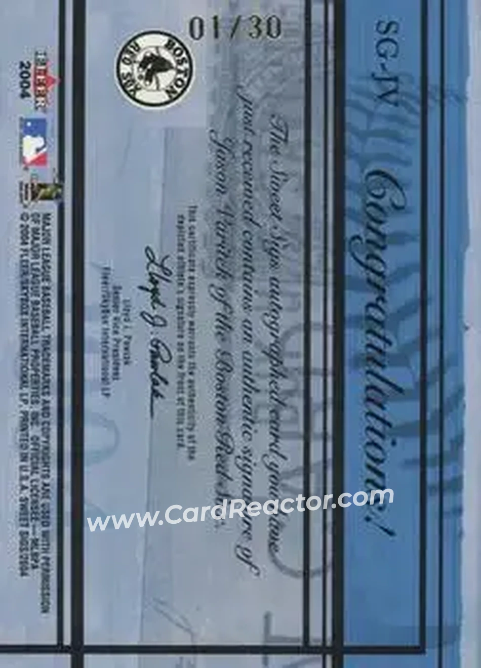 2004 Fleer Sweet Sigs - Autograph Gold #SG-JV - Jason Varitek - Boston Red Sox - Back