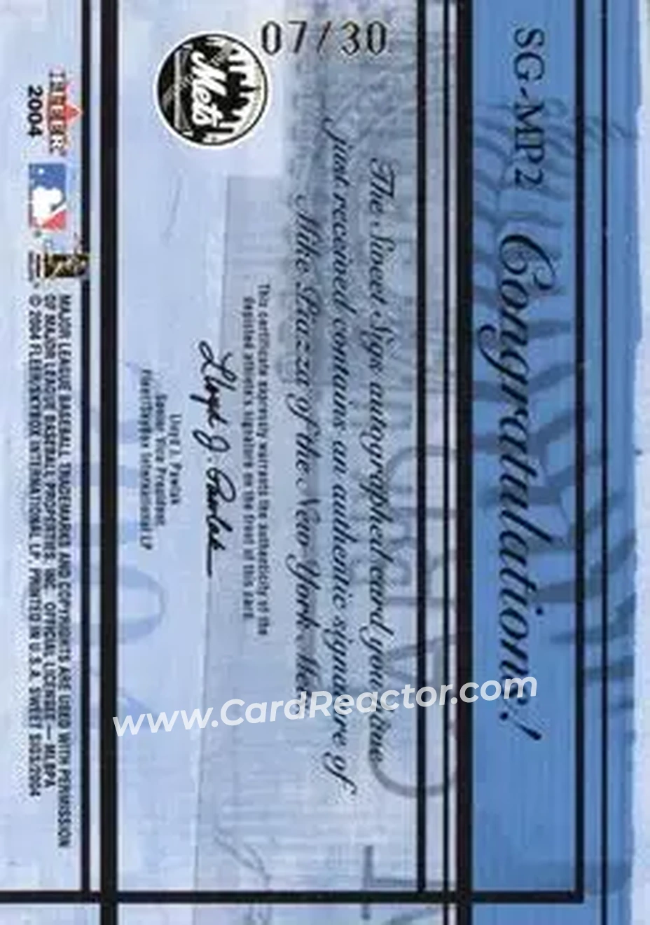 2004 Fleer Sweet Sigs - Autograph Gold #SG-MP2 - Mike Piazza - New York Mets - Back