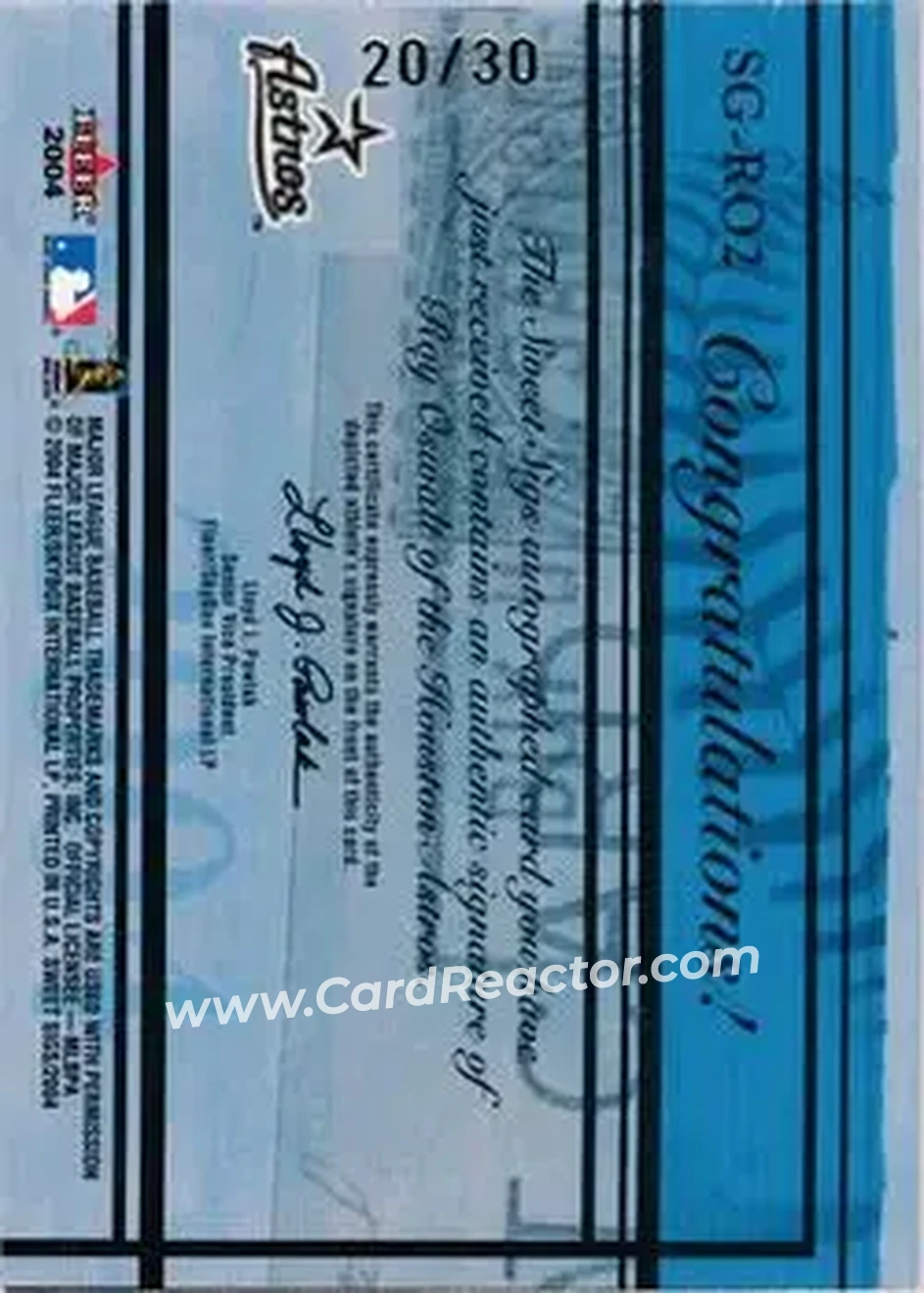 2004 Fleer Sweet Sigs - Autograph Gold #SG-RO2 - Roy Oswalt - Houston Astros - Back