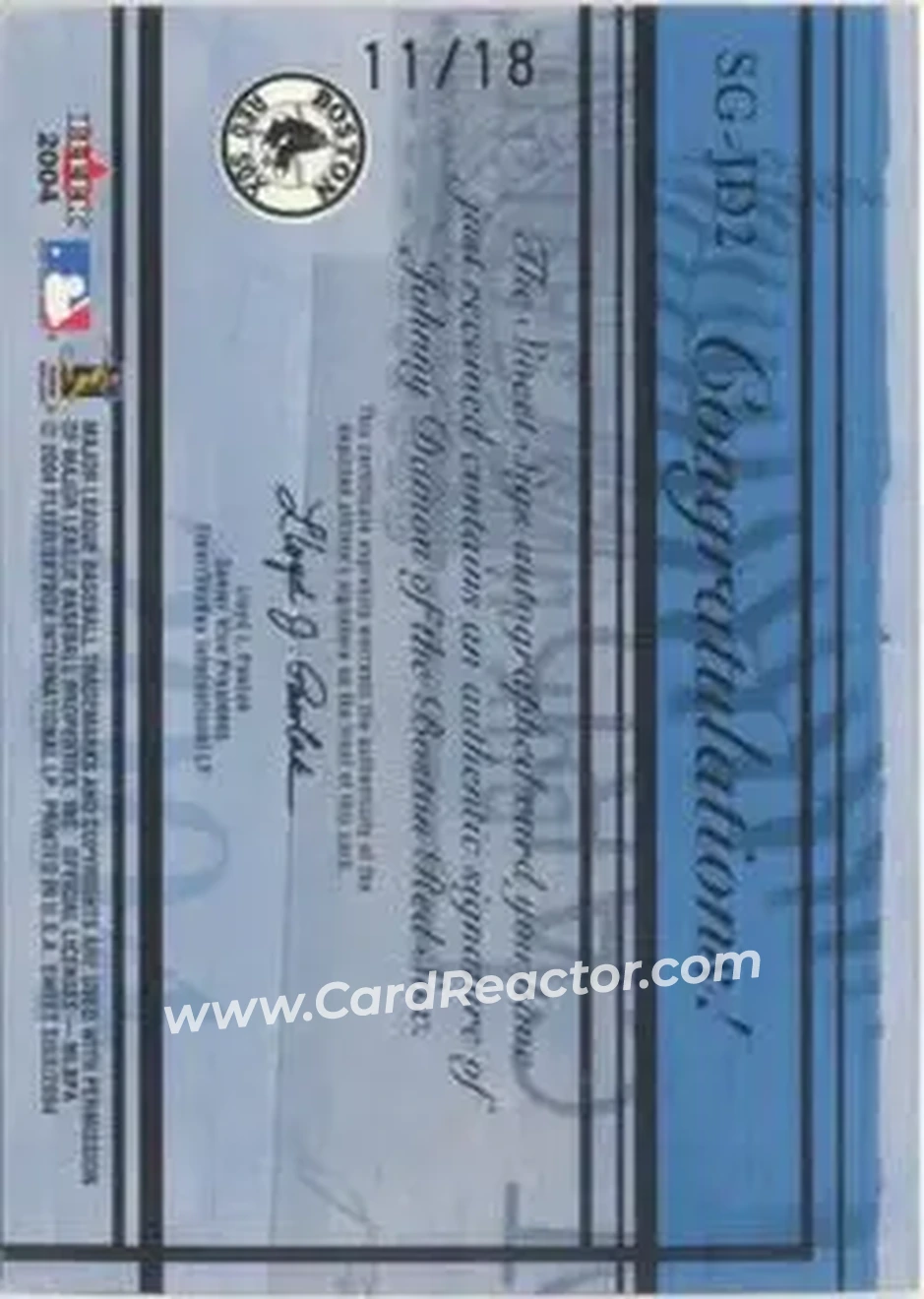 2004 Fleer Sweet Sigs - Autograph Platinum #SG-JD1 - Johnny Damon - Boston Red Sox - Back 2004 Fleer Sweet Sigs - Autograph Platinum #SG-JD1 - Johnny Damon - Boston Red Sox - Back