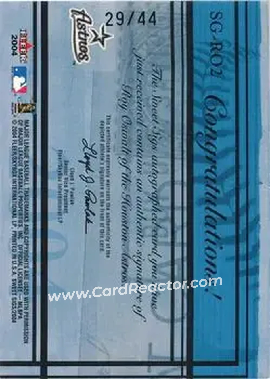 2004 Fleer Sweet Sigs - Autograph Platinum #SG-RO2 - Roy Oswalt - Houston Astros - Back 2004 Fleer Sweet Sigs - Autograph Platinum #SG-RO2 - Roy Oswalt - Houston Astros - Back