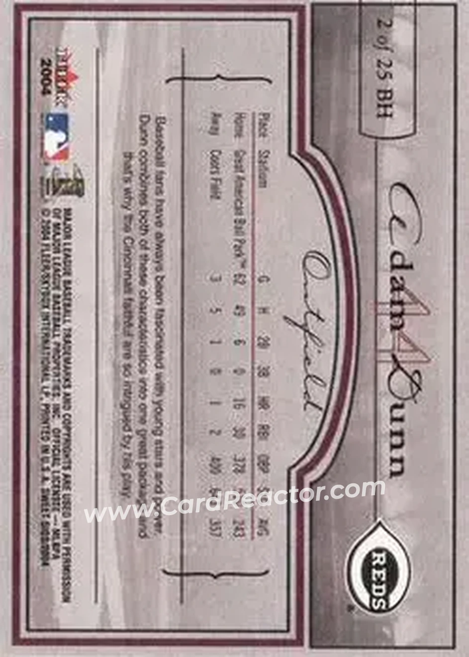 2004 Fleer Sweet Sigs - Ballpark Heroes #2BH - Adam Dunn - Cincinnati Reds - Back 2004 Fleer Sweet Sigs - Ballpark Heroes #2BH - Adam Dunn - Cincinnati Reds - Back