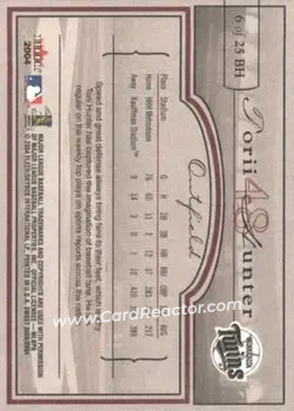 2004 Fleer Sweet Sigs - Ballpark Heroes #6BH - Torii Hunter - Minnesota Twins - Back