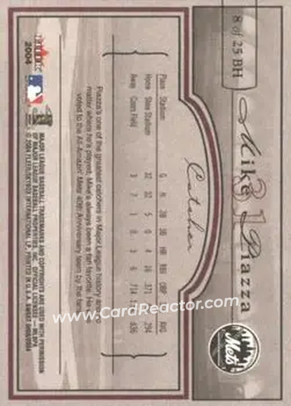 2004 Fleer Sweet Sigs - Ballpark Heroes #8BH - Mike Piazza - New York Mets - Back