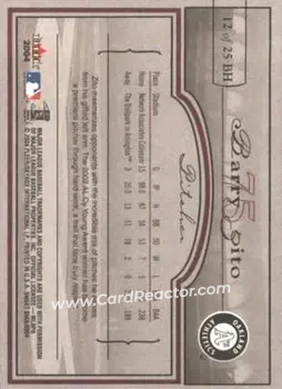 2004 Fleer Sweet Sigs - Ballpark Heroes #12BH - Barry Zito - Oakland Athletics - Back