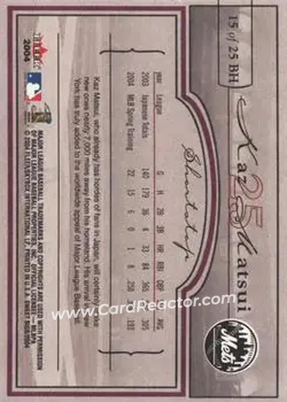 2004 Fleer Sweet Sigs - Ballpark Heroes #15BH - Kazuo Matsui - New York Mets - Back