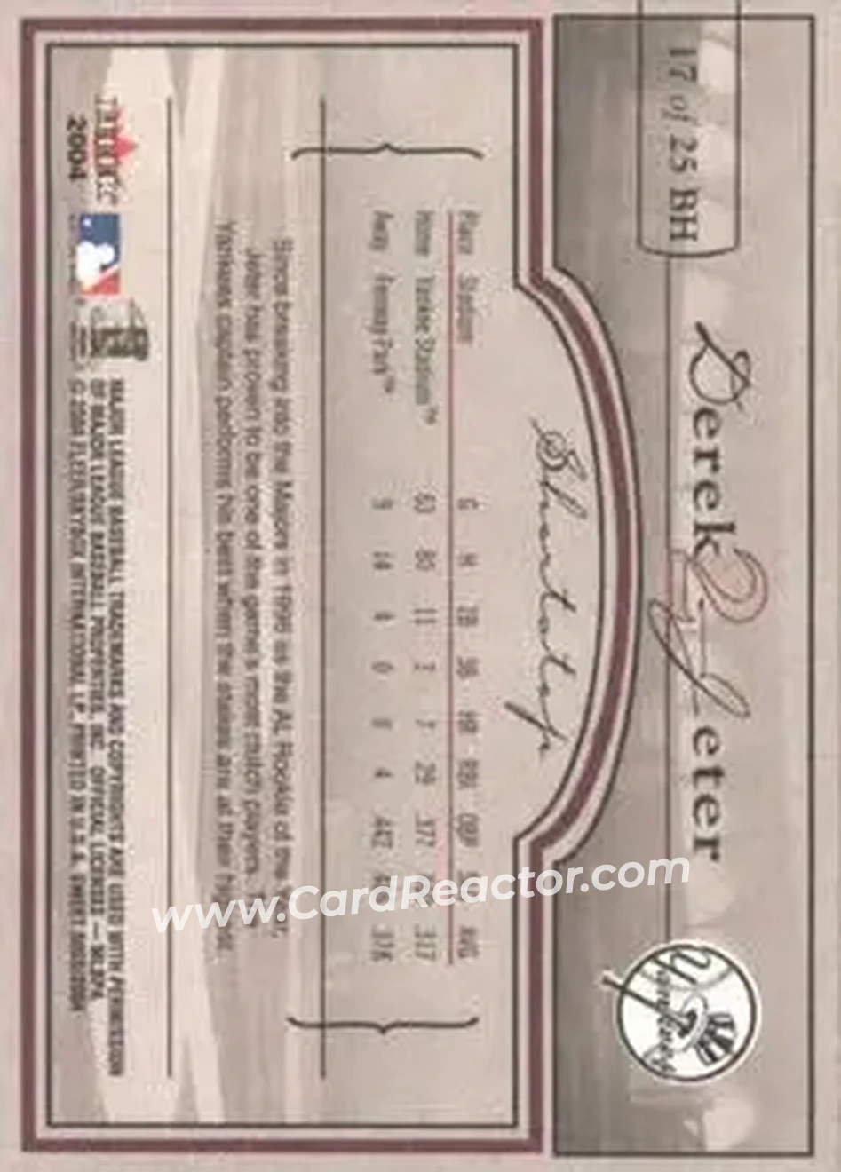 2004 Fleer Sweet Sigs - Ballpark Heroes #17BH - Derek Jeter - New York Yankees - Back
