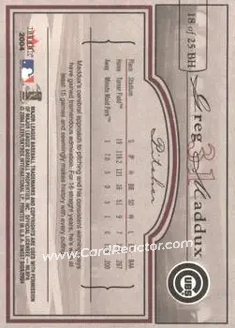 2004 Fleer Sweet Sigs - Ballpark Heroes #18BH - Greg Maddux - Chicago Cubs - Back