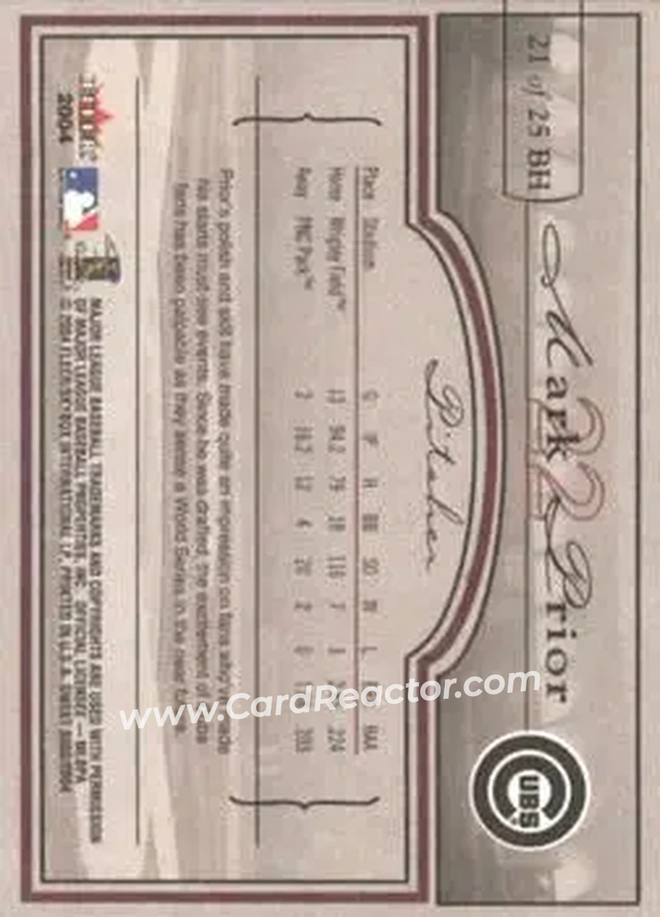 2004 Fleer Sweet Sigs - Ballpark Heroes #21BH - Mark Prior - Chicago Cubs - Back