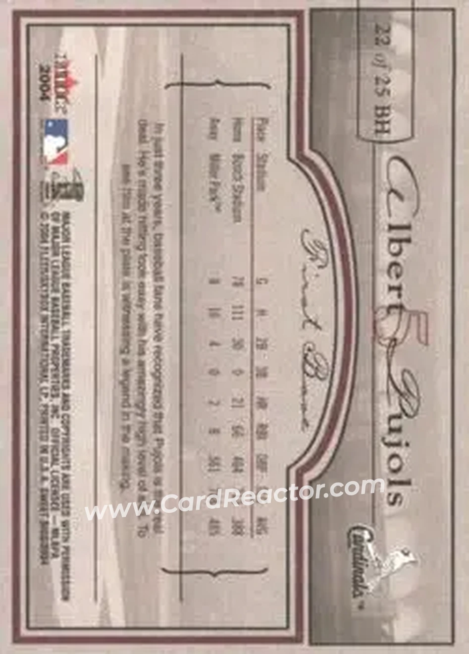 2004 Fleer Sweet Sigs - Ballpark Heroes #22BH - Albert Pujols - St. Louis Cardinals - Back