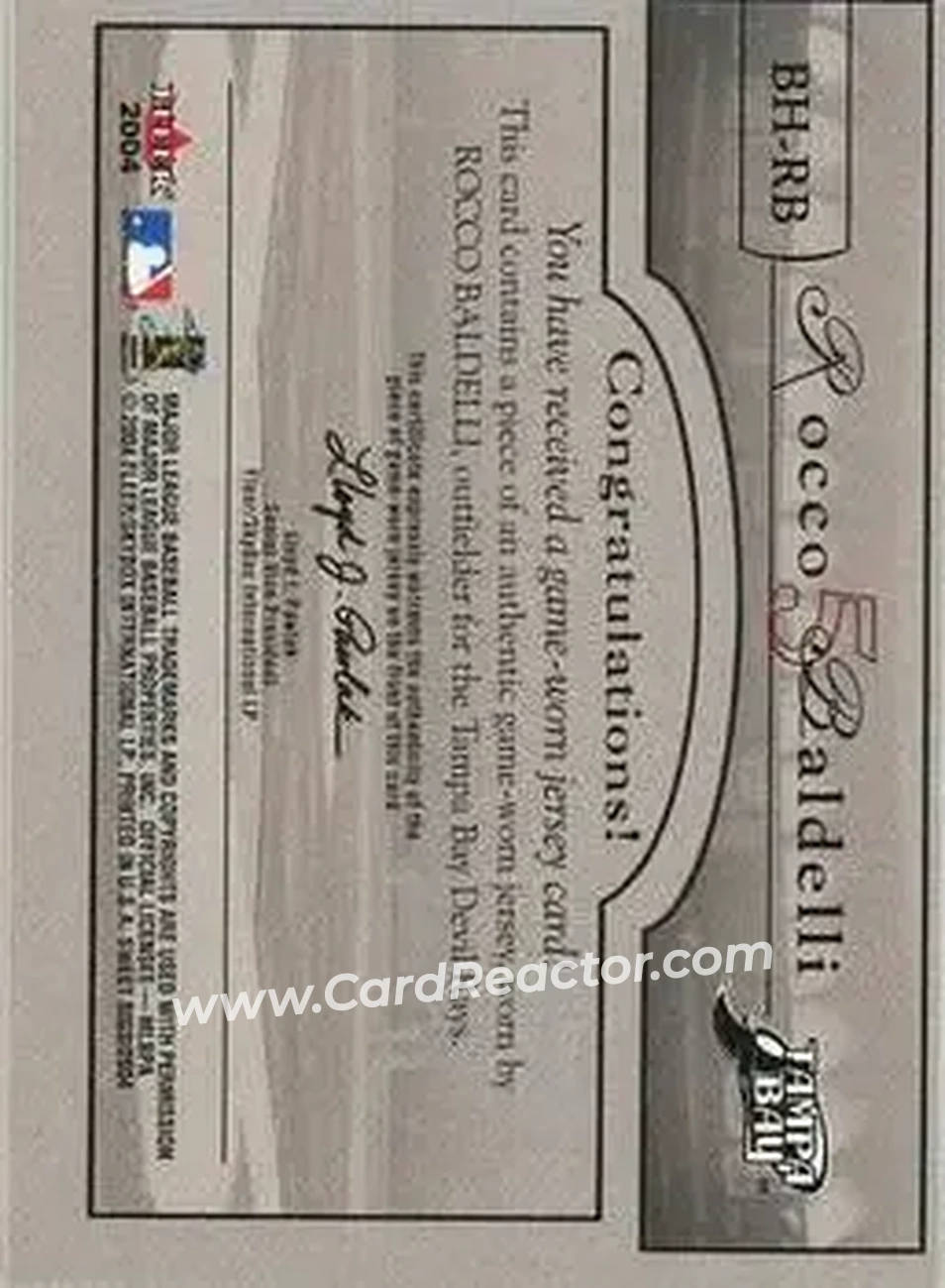 2004 Fleer Sweet Sigs - Ballpark Heroes Jersey Red #BH-RB - Rocco Baldelli - Tampa Bay Devil Rays - Back