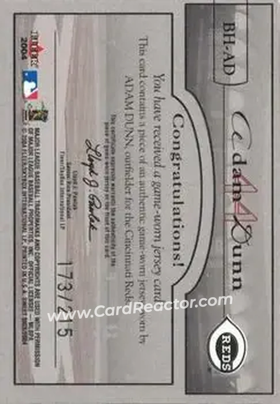 2004 Fleer Sweet Sigs - Ballpark Heroes Jersey Silver #BH-AD - Adam Dunn - Cincinnati Reds - Back