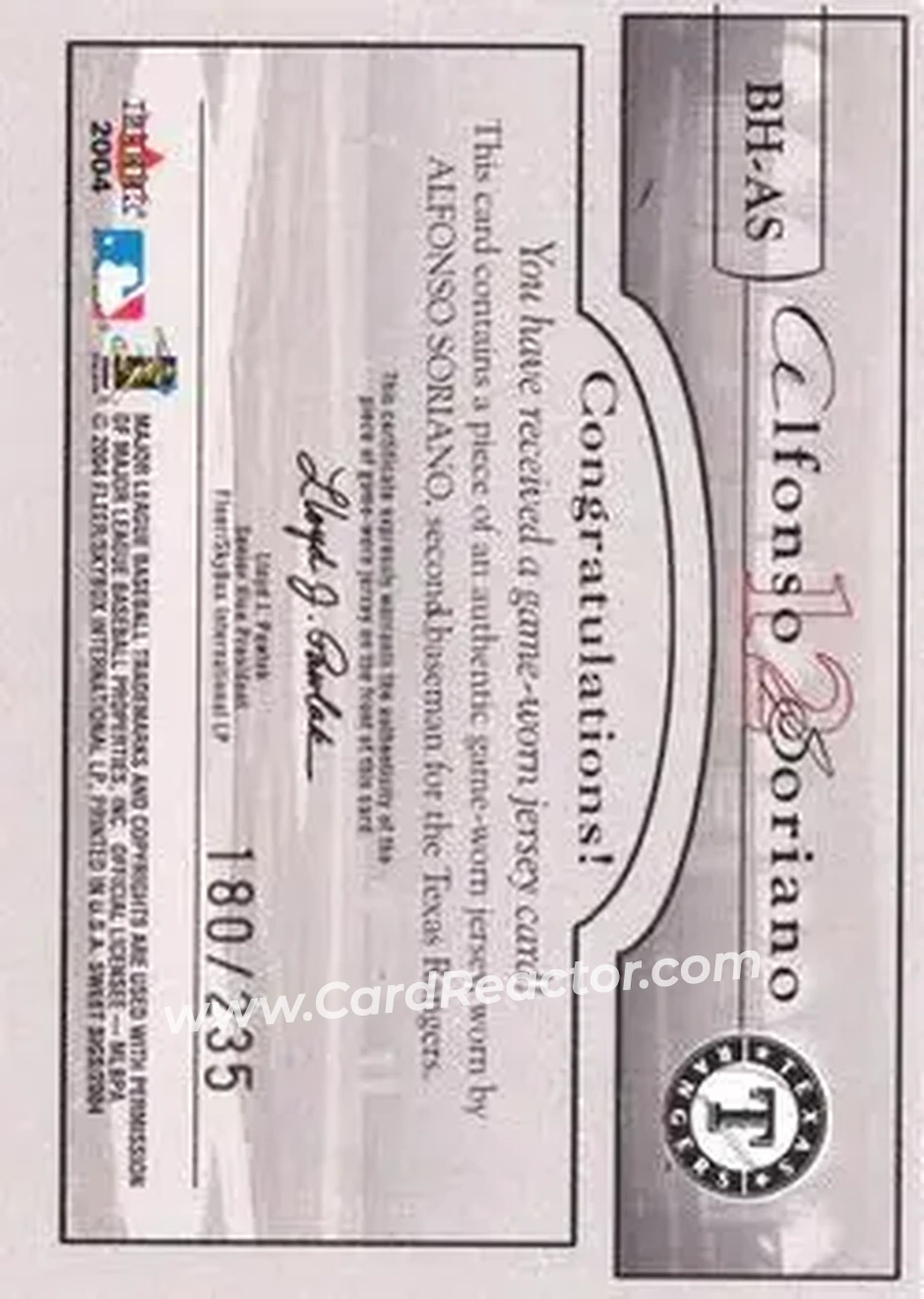 2004 Fleer Sweet Sigs - Ballpark Heroes Jersey Silver #BH-AS - Alfonso Soriano - Texas Rangers - Back