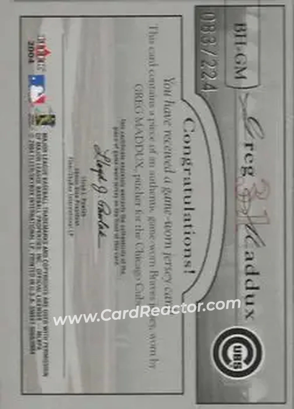 2004 Fleer Sweet Sigs - Ballpark Heroes Jersey Silver #BH-GM - Greg Maddux - Chicago Cubs - Back